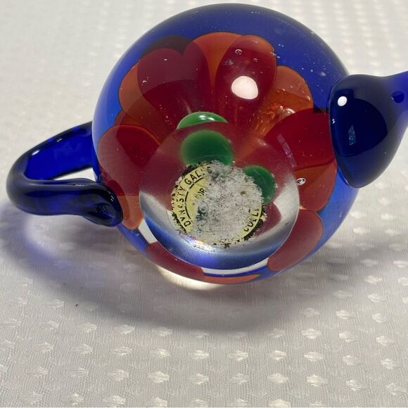 Dynasty Gallery Heirloom Art Glass Clear Blue Teapot Red Flower Paperweight - Picture 4 of 4